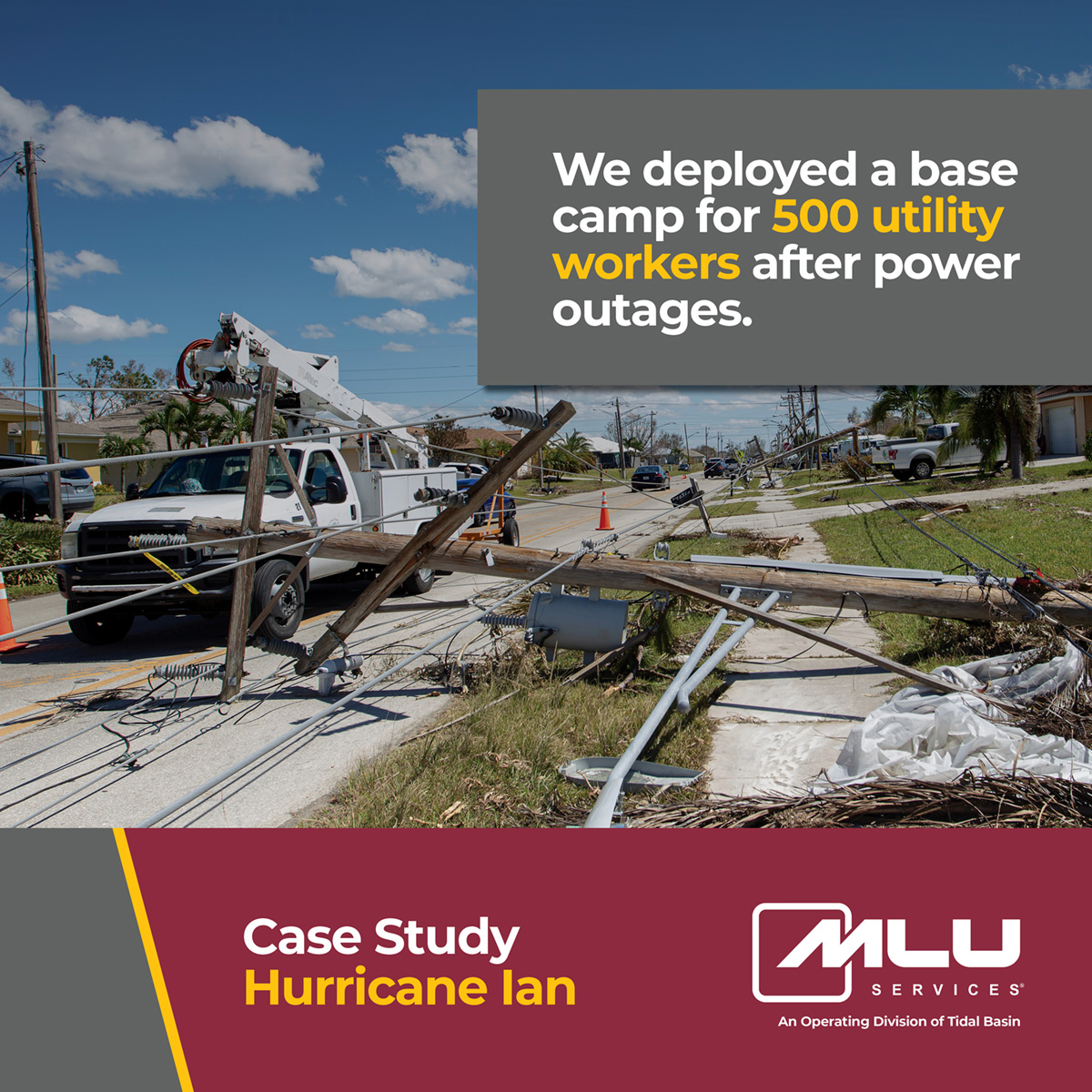 mlu_services's tweet image. After Hurricane Ian in 2022, MLU Services deployed a 500-person #basecamp for utility crews restoring power after historic outages.

The Impact: Crews worked 24/7, reducing restoration time by 3 days. 

Learn more: zurl.co/9H2Tu

#hurricaneresponse #utilitysupport