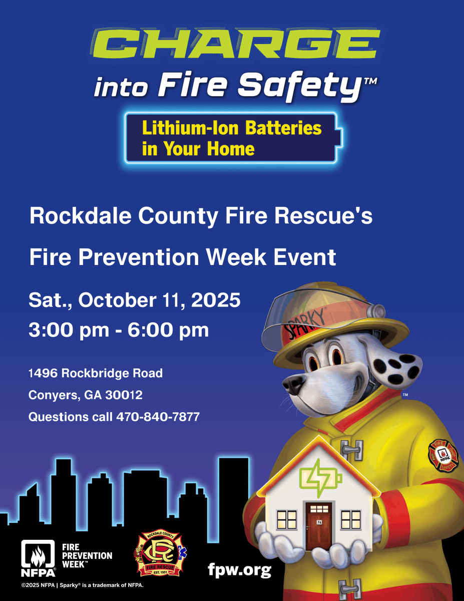 RockdaleGov's tweet photo. 🔥🚒 Join Rockdale County Fire Rescue for Fire Prevention Week fun!
📅 Oct 11 | 🕒 3–6PM
📍1496 Rockbridge Rd, Conyers GA

Fire trucks, games, demos &amp; more — bring the fam and learn to #BeFireSmart!
#RCFR #FirePreventionWeek #RockdaleStrong https://t.co/wv9AYcvuQ5