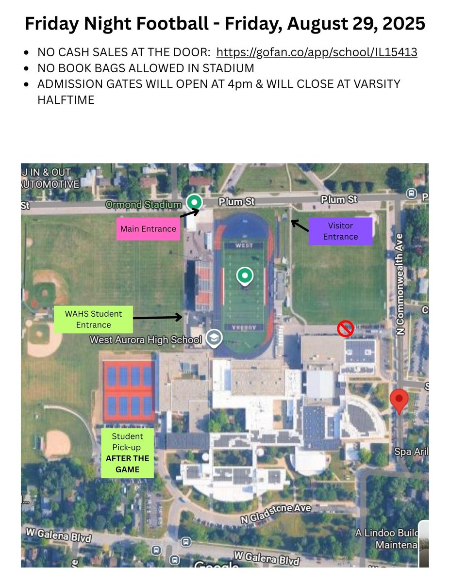 WestAuroraAthletics (@wahsblackhawks) on Twitter photo After the <a href="/WABlackhawkFB/">West Aurora Football</a> game, the following traffic adjustments will be in place:
APD Traffic Closures
Eastbound at Randall and Plum
Westbound at Commonwealth and Plum
Southbound at Iroquois and Winona
All student pick-up will be directed to the west tennis court lot. After the <a href="/WABlackhawkFB/">West Aurora Football</a> game, the following traffic adjustments will be in place:
APD Traffic Closures
Eastbound at Randall and Plum
Westbound at Commonwealth and Plum
Southbound at Iroquois and Winona
All student pick-up will be directed to the west tennis court lot.