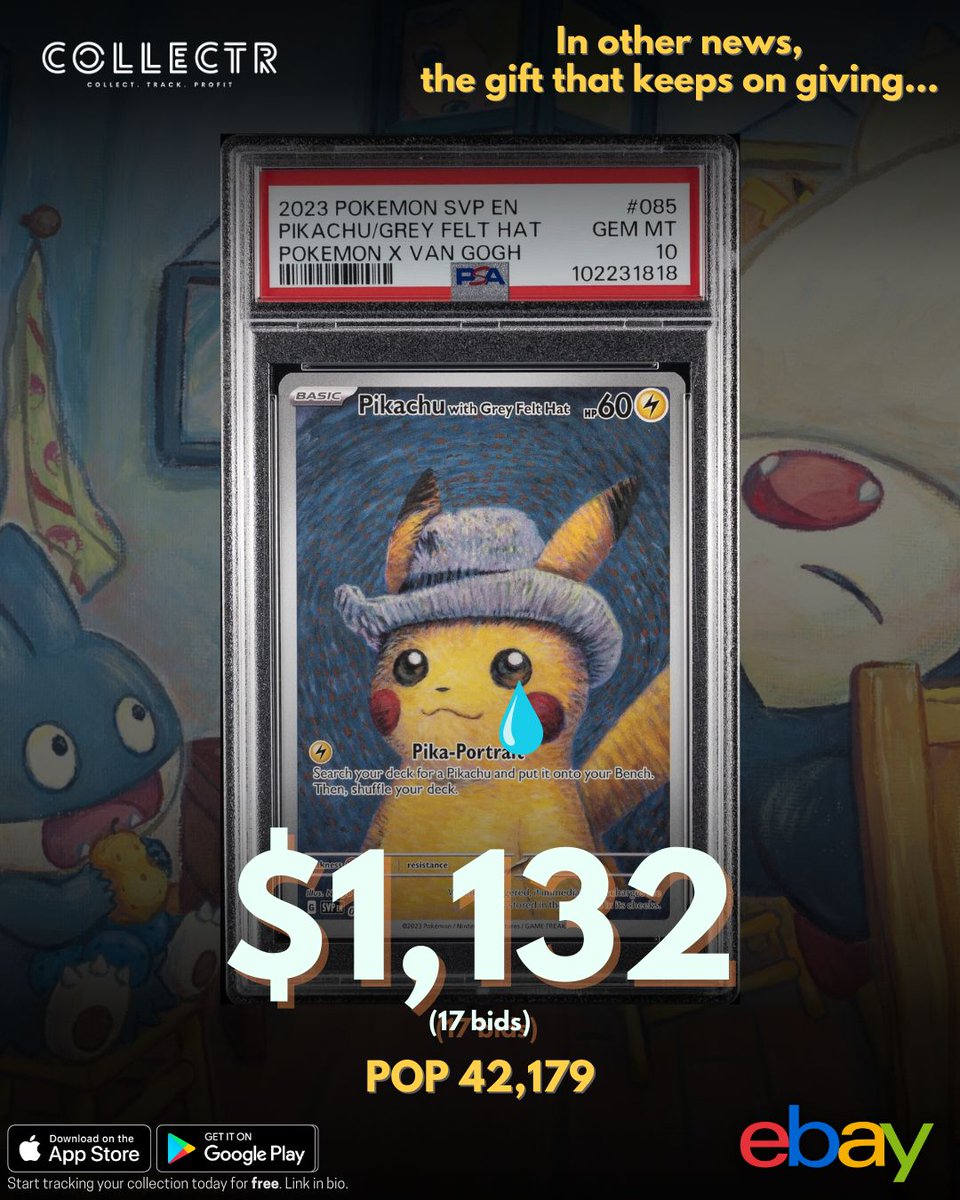 A #PSA10 Van Gogh Pikachu just sold for $1,132 on eBay.

Yes....there are now over 42,000 graded PSA 10 copies...

At this point, we can’t tell what’s climbing faster, the price or the PSA 10 population.

Love it or hate it, this promo continues to make history!

#vangogh