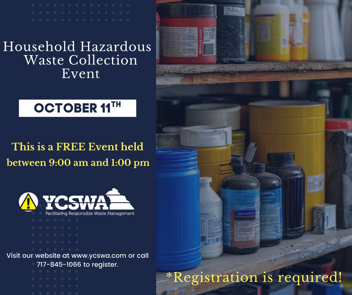 Registration is open for our FREE Household Hazardous Waste Collection Event. 
You can also visit ycswa.com/services/waste… for additional event information.

#keepyorkcountycleanandsafe