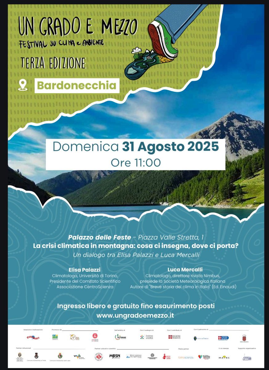 Domenica 31 agosto sarò a BARDONECCHIA (TO), per conversare con ELISA PALAZZI sul tema " La crisi climatica in montagna: cosa ci insegna, dove ci porta?".
Appuntamento alle ore 11 al Palazzo delle Feste, piazza Valle Stretta 1