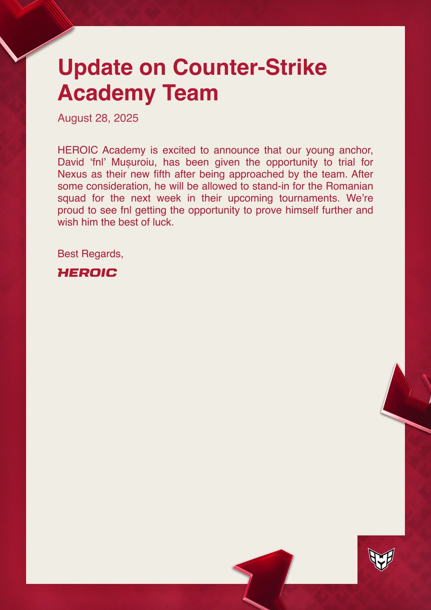 heroiccs2's tweet image. CS2 academy team roster update.