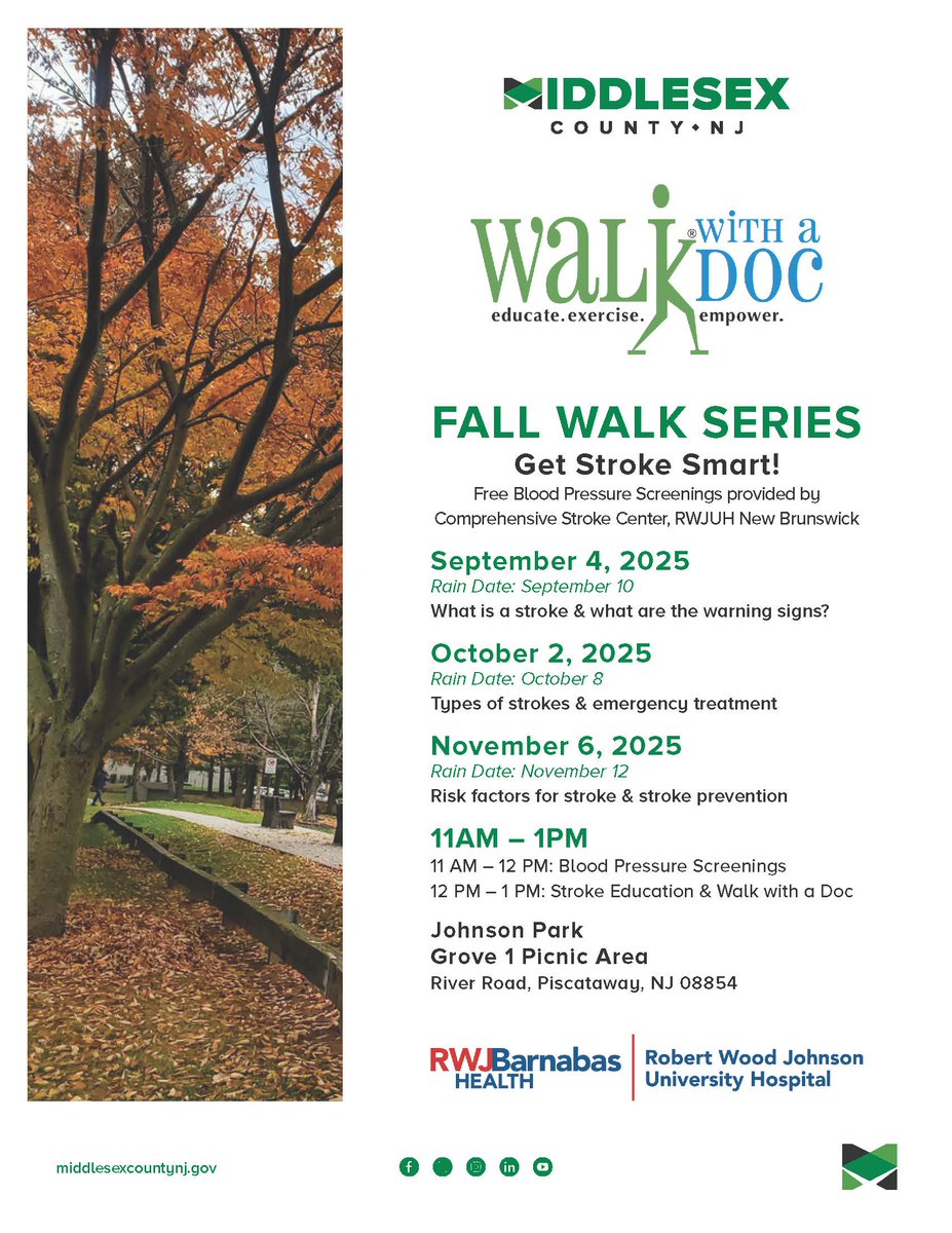 PWAYNJ's tweet image. Get stroke smart at #WalkWithADoc starting next week!

The Comprehensive Stroke Center at @RWJUH is leading this fall series with free blood pressure screenings and stroke education. Please join @MiddlesexCntyNJ at Johnson Park&apos;s Grove 1 picnic area in #Piscataway.