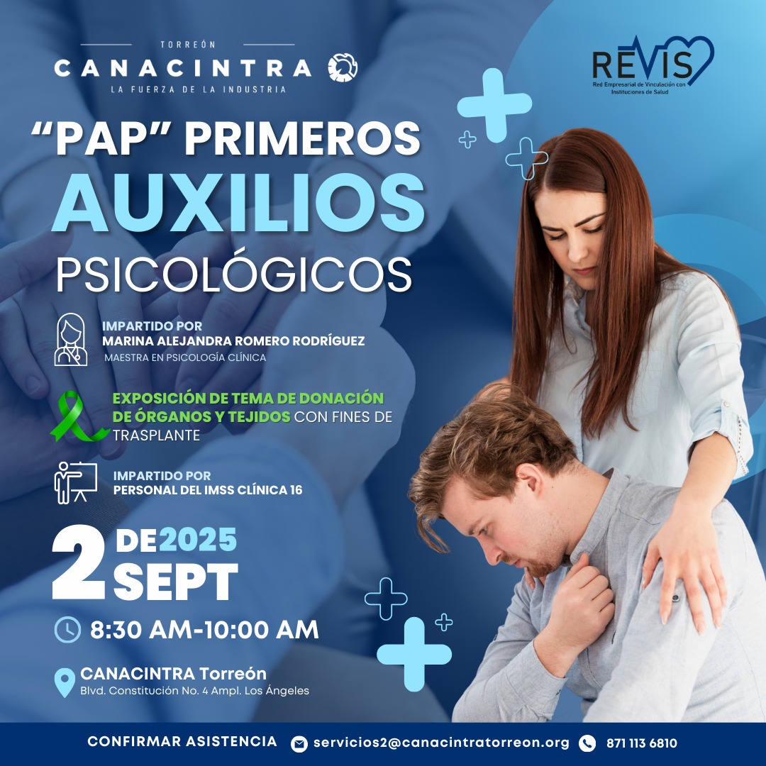 🧠✨ Aprender a cuidar la mente también salva vidas 
🙌¡No te pierdas de esta experiencia de aprendizaje que fortalece tu bienestar personal y profesional!

📲Confirma tu asistencia:
 ✉ servicios2@canacintratorreon.org 
 ☎ 871 113 6810 | wa.link/fu3lj2