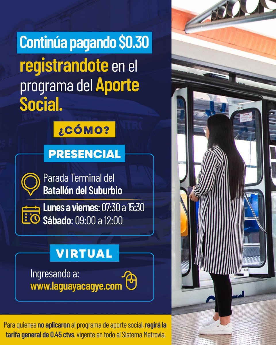 ¡Atención usuarios de Troncal 4!

A partir del 1 de septiembre finaliza la tarifa promocional para la Troncal 4.
Tras varias ampliaciones del plazo, quienes no cuenten con el beneficio del Aporte Social deberán cancelar la tarifa general de $0.45.

👉 Recuerda que si ya te