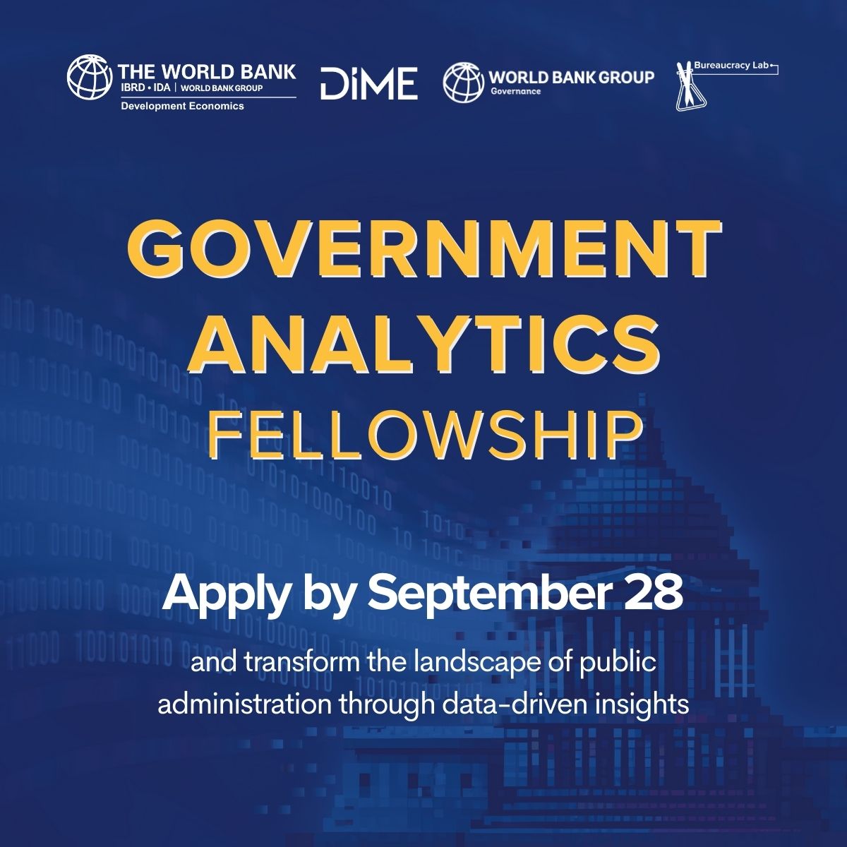 wbg_gov's tweet photo. Transform government with data.
Join the Government Analytics Fellowship and be at the frontier of smarter, evidence-based public administration.
β³ Deadline: Sept 28
π https://t.co/13APJ3Nfa4
#GovAnalytics #Fellowship2026 https://t.co/gQv3j6WK7e