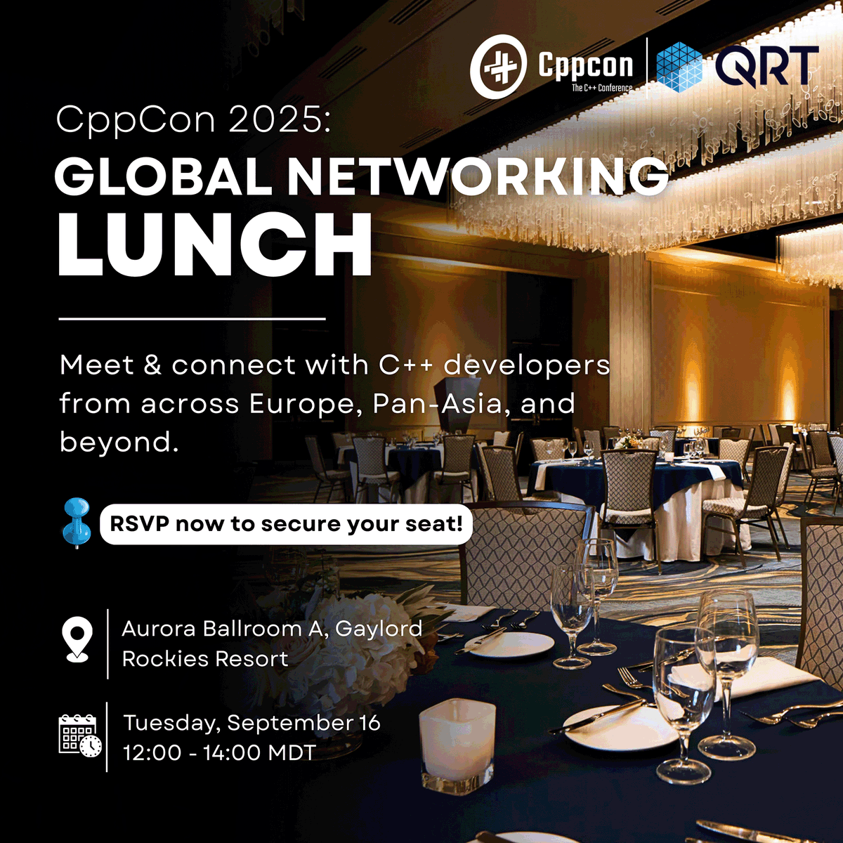 CppCon's tweet image. Meet & connect with C++ developers worldwide!
Join us for the CppCon 2025 Global Networking Lunch at the Gaylord Rockies Resort, Aurora Ballroom.
Sept 16 | 12–2 PM MDT
RSVP now to save your seat!
forms.gle/pXDaxx4WnzKYVT…
#CppCon2025 #CPlusPlus #Networking #DevelopersLife
