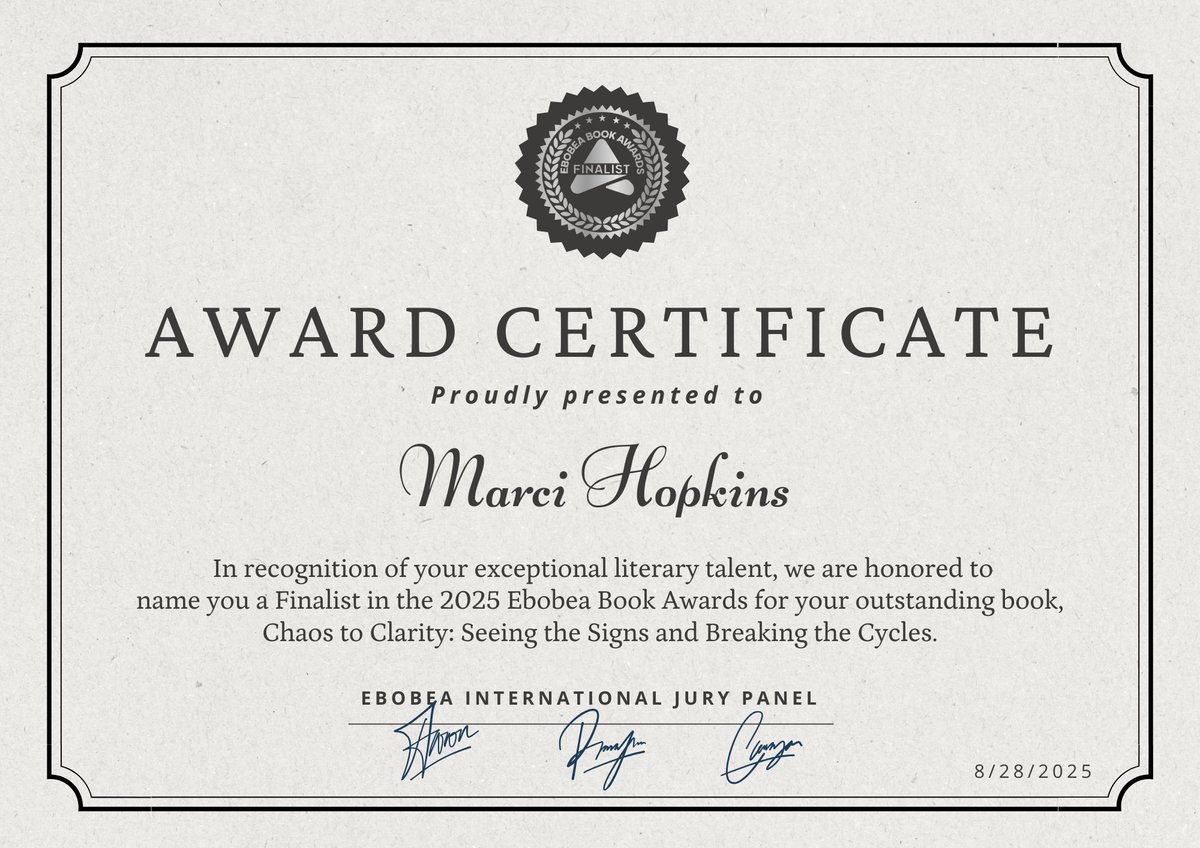Congratulations, Marci Hopkins, on Chaos to Clarity being named a 2025 Ebobea Book Awards finalist! 
Your journey of healing and empowerment resonates deeply, transforming lives through your words.  
#EbobeaBookAwards #Inspiration