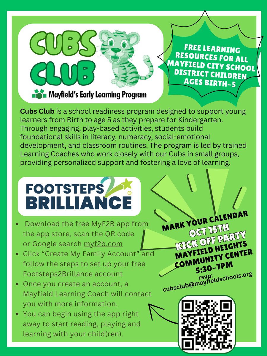 MAYFIELD’S CUBS CLUB OFFERING FREE READING &amp; LITERACY APP FOR DISTRICT KIDS AGES BIRTH TO 5; District is the first in Ohio to introduce this initiative
Mayfield City Schools, is proud to announce a new partnership with Footsteps2Brilliance® #mychoicemayfield