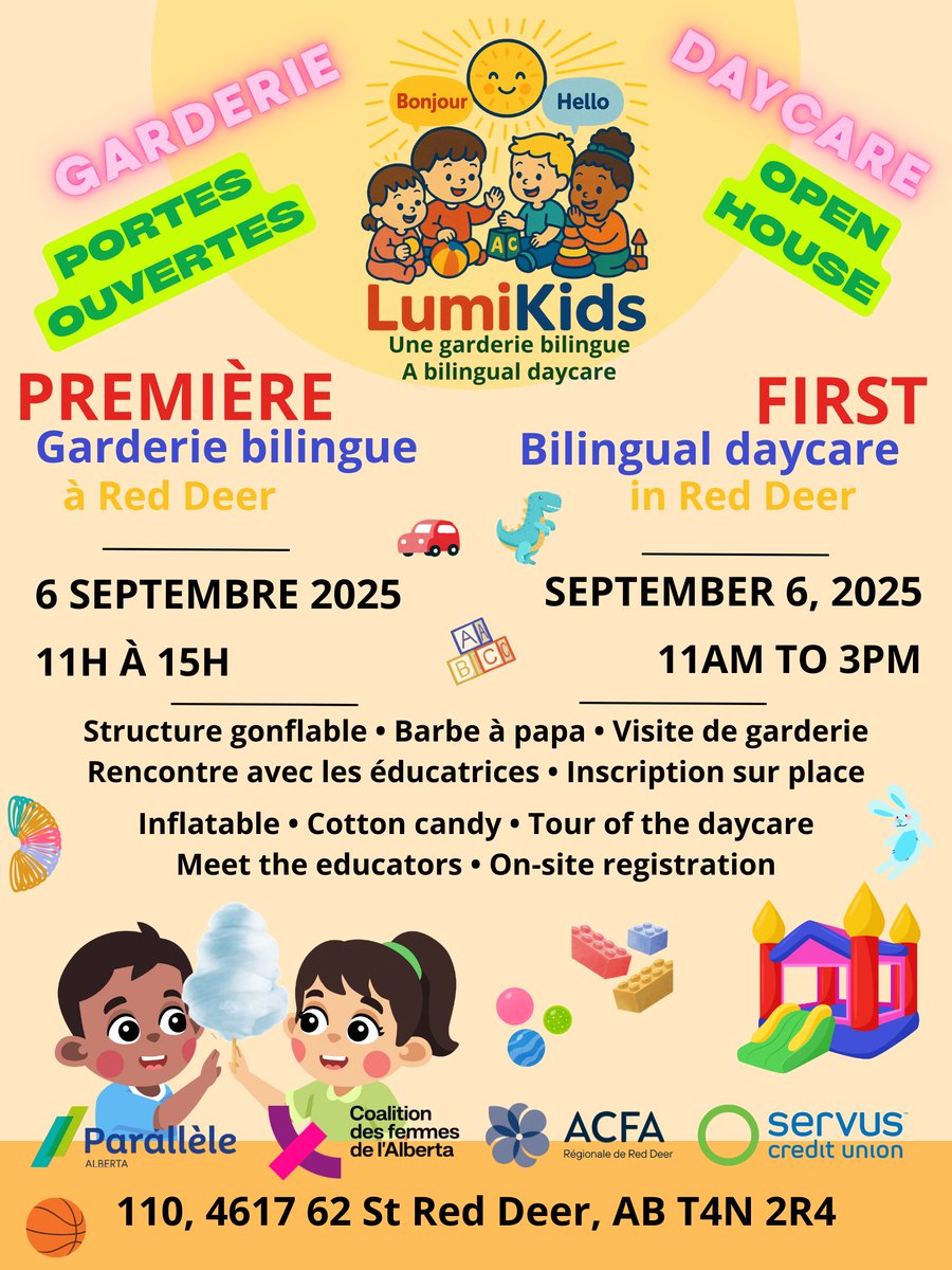 🌟 Grande nouvelle à Red Deer! 🌟
La 1ère garderie bilingue (FR–EN) ouvre bientôt 🎉
📅 6 sept, 11h–15h
📍 110, 4617 62 St
🎈 Portes ouvertes: jeux, barbe à papa, visite &amp; plus!
💛 Journée festive en famille!
🔗 lumikids-reddeer.ca
#GarderieBilingue #BilingualDaycare #RedDeer