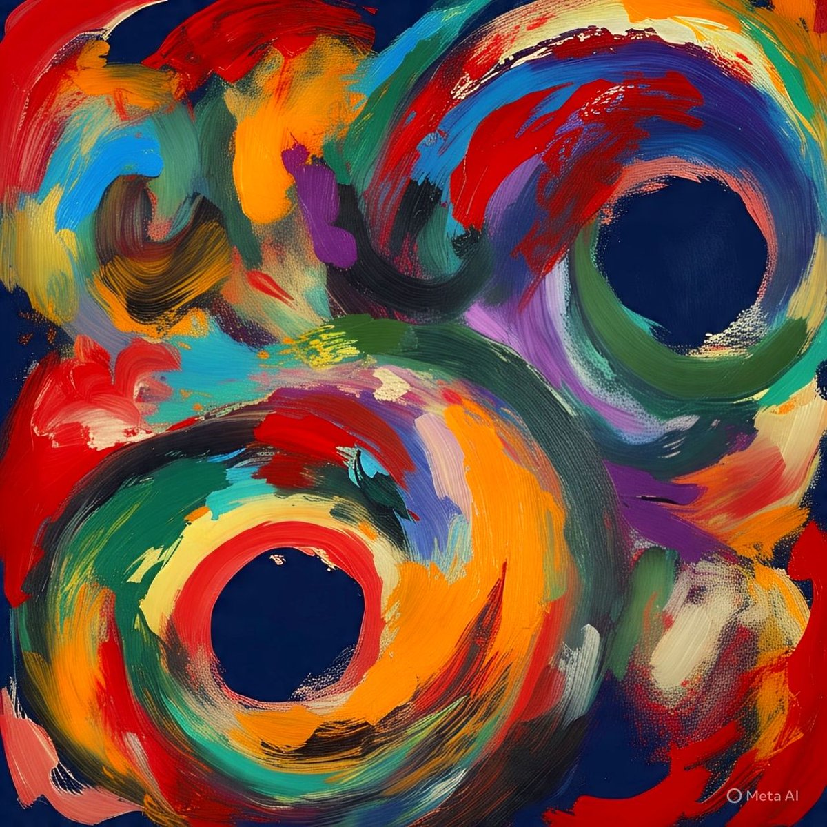PositivePBD's tweet image. Artwork: Whirlwinds of Emotion 🎨
This vibrant abstract painting bursts with swirling energy, capturing the motion of color in constant flux. Bold strokes of red, orange, turquoise, green, and violet spiral across a deep navy background, forming circular vortex-like shapes that…