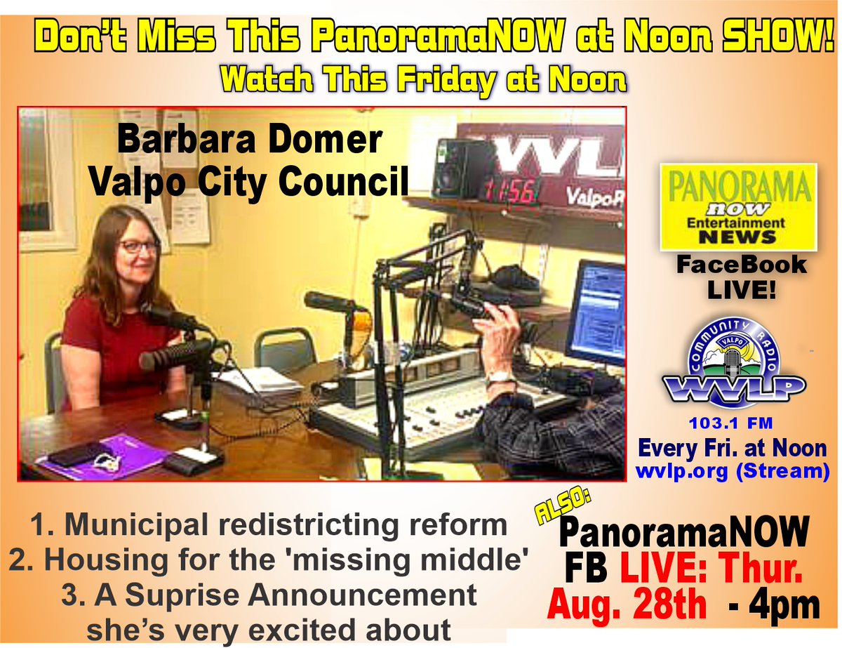 Watch Panoramanow  On Facebook LIVE  Thur. Aug 28 (OR Any time After) (&amp; Listen) This Fri. at Noon @Wvlp! w/Barbara Domer #ValpoCity Council  RE: 1. Municipal redistricting reform 2. #Housing for ‘missing middle’ 3. A Surprise Announcement  #Redistricting #Valpo