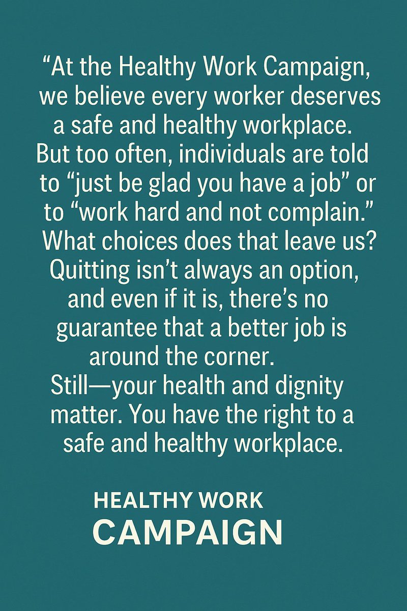 1/Too often workers are told: “just be glad you have a job.” Quitting isn’t always an option—and it shouldn’t take leaving to protect your health. 

That’s why we’re launching a new series: Tools for Healthy Work. First up: resources for workers.

#HealthyWork #WorkerRights