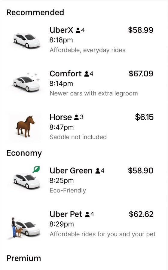 😂 Only in USA
Uber X : $58.99
Comfort: $67.09
Horse: $6.15

Honestly, at these prices I’m ready to gallop home. 🐎