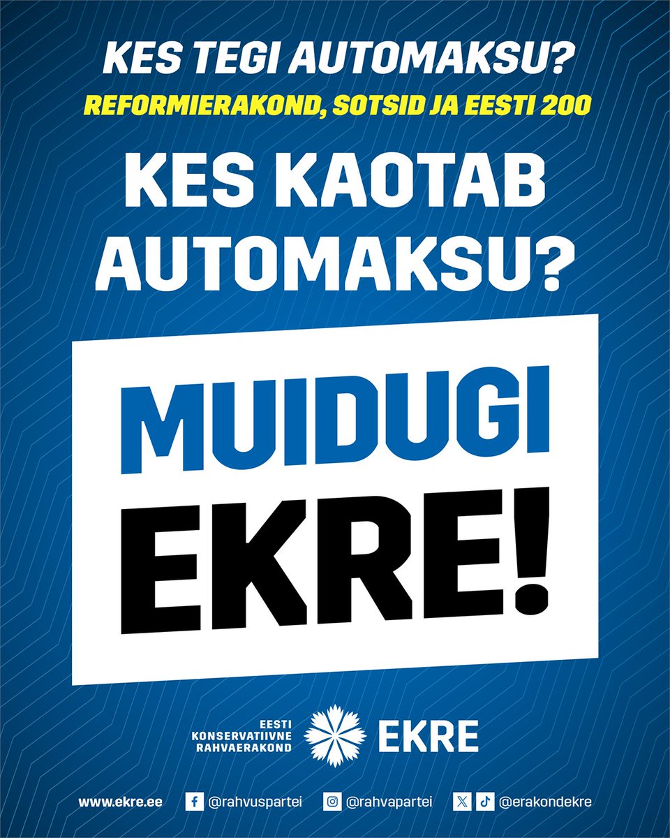 👉 Muidugi tuleb automaks kaotada!

🇪🇪 EKRE on algusest peale seisnud automaksu vastu. Näeme, et Reformierakonna, sotsiaaldemokraatide ja Eesti 200 poolt kehtestatud maks on viinud meid olukorda, kus inimeste isiklik omand maksustatakse lihtsalt käest ära. Autot on ka ilma