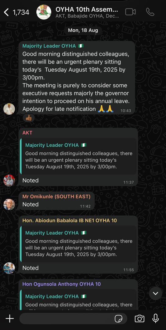 According to them. This is the notification to the members Pls. Let them clearify this first. On Monday 18th but message stated ‘there will be urgent plenary sitting today’s Tuesday 19th August 2025 by 3pm ‘ message at 10:43 am