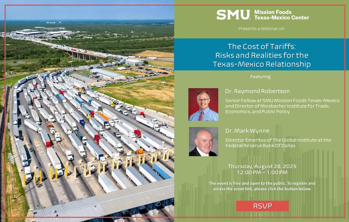 📢 Today at 12 PM (CT)
 Webinar: The Cost of Tariffs: Risks &amp; Realities for the Texas-Mexico Relationship
🔗 Join us live on smu.zoom.us/j/91326749944 — don’t miss it!

#Tariffs #Texas #Mexico #TexasMexico