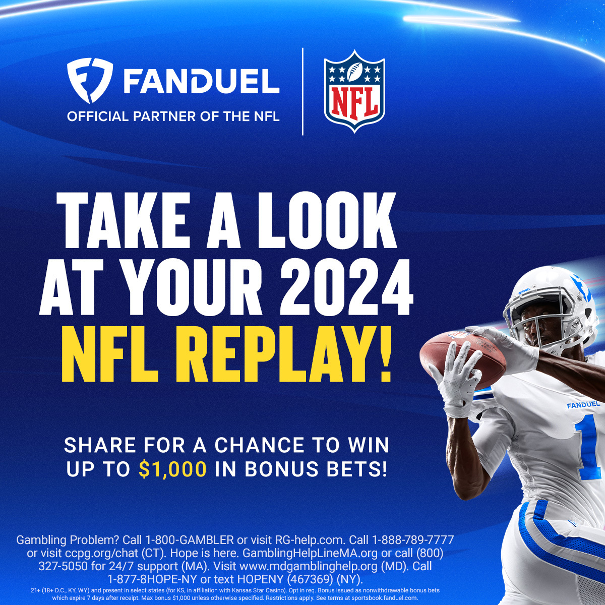 FanDuel Sportsbook (@fdsportsbook) on Twitter photo Lets give away some Bonus Bets! 🎉
50 lucky users will win $250 & ONE will receive $1,000 in bonus bets! 💰
For a chance to win:
1️⃣ REPOST & FOLLOW <a href="/FDSportsbook/">FanDuel Sportsbook</a>
2️⃣ REPLY with #FDNFLREPLAY & a screenshot of your Replay!
Contest ends on 9/7
Rules: linktr.ee/FanDuel Lets give away some Bonus Bets! 🎉
50 lucky users will win $250 & ONE will receive $1,000 in bonus bets! 💰
For a chance to win:
1️⃣ REPOST & FOLLOW <a href="/FDSportsbook/">FanDuel Sportsbook</a>
2️⃣ REPLY with #FDNFLREPLAY & a screenshot of your Replay!
Contest ends on 9/7
Rules: linktr.ee/FanDuel