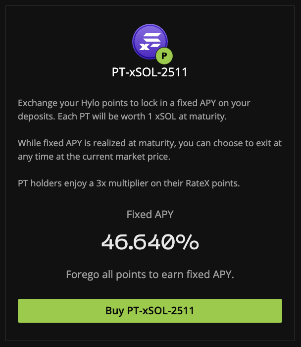 PT-xSOL-2511 产品界面显示 46.64% 固定 APY