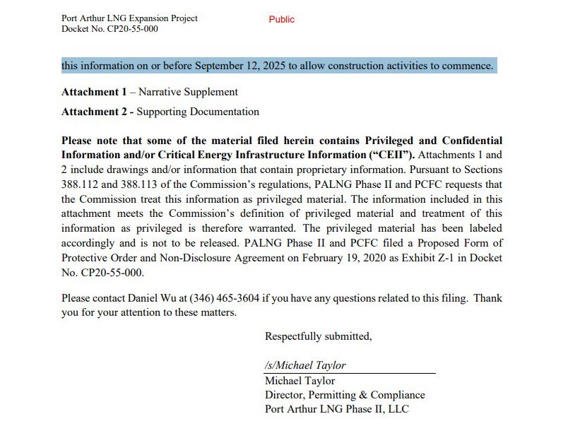 👷‍♂️ Footsteps to FID: Sempra is asking FERC for permission to begin some construction activities for Port Arthur LNG Phase 2
 
PDF at is.gd/Y4FsBc
 
Sempra asked FERC to approve their request by Sept 12th
 
#LNG #ONGT #NatGas #Shale #OOTT #Houston