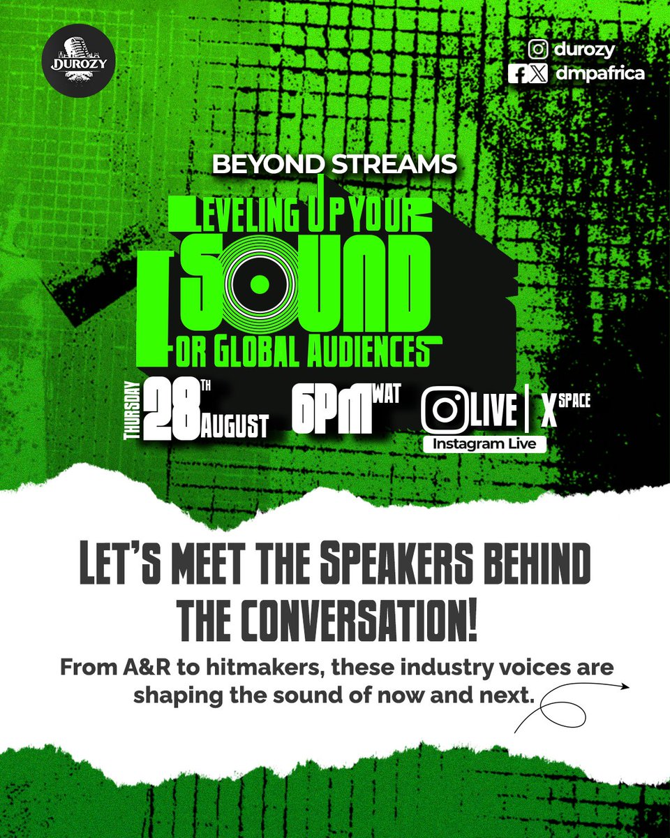 Dmpafrica's tweet photo. Meet the BEYOND STREAMS speakers 🎙
🚀 Niphkeys – Afro-street sound architect  
🚀 Kemisola – Artist builder &amp; A&amp;R  
🚀 Hitsound – Producer &amp; digital creative  
They’ve done the work. Now they’re sharing the blueprint.  
🎧 IG Live -6PM WAT
#BeyondStreams #MusicTalks #DurozyLive https://t.co/R6oXAkF1sO