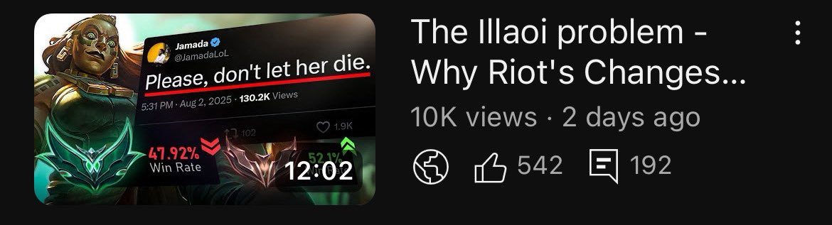 JamadaLoL's tweet image. My video on Illaoi broke 10k views! Super happy with how the video itself turned out. Grateful it’s doing so well and  has the engagement it does!