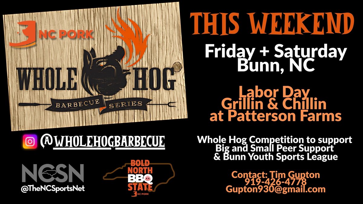 Excited to be working w/ the Whole Hog Barbecue Series + @NCPork 
to promote the #WholeHogBarbecueSeries  
in the BOLD NORTH BBQ STATE

Come out to @patterson_farm 
Friday/Saturday to support 
Bunn Youth Sports + Big &amp; Small Peer Support

#BoldNorthState #BoldNorthBBQState