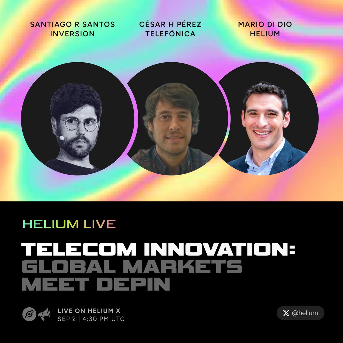 Helium๐ (@helium) on Twitter photo How do decentralized wireless networks (DePIN) compare with traditional telecom?
๐๏ธย Speakers: <a href="/santiagoroel/">Santiago R Santos</a> (<a href="/inversion_cap/">Inversion</a>) <a href="/hernpercesar/">Sesar.eth</a> (<a href="/Telefonica/">Telefรณnica</a>) <a href="/didiomario/">Mario Di Dio ๐</a> (Helium)
Join the show LIVE on X:
Sep 2 | 4:30 PM UTC | Mod: <a href="/jhiller/">Joey Hiller ๐</a> How do decentralized wireless networks (DePIN) compare with traditional telecom?
๐๏ธย Speakers: <a href="/santiagoroel/">Santiago R Santos</a> (<a href="/inversion_cap/">Inversion</a>) <a href="/hernpercesar/">Sesar.eth</a> (<a href="/Telefonica/">Telefรณnica</a>) <a href="/didiomario/">Mario Di Dio ๐</a> (Helium)
Join the show LIVE on X:
Sep 2 | 4:30 PM UTC | Mod: <a href="/jhiller/">Joey Hiller ๐</a>