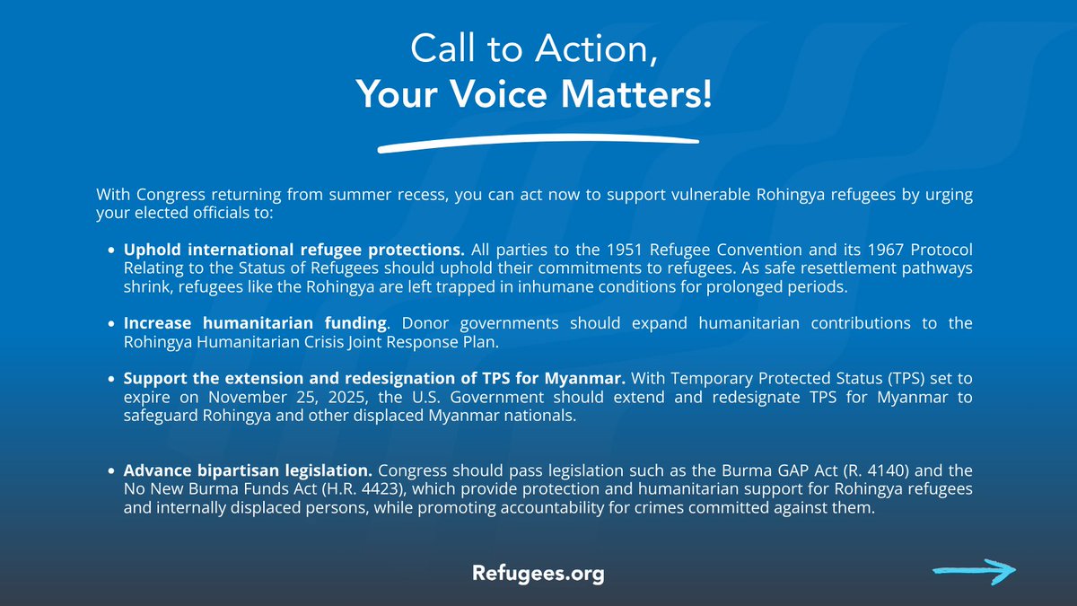 USCRIdc's tweet photo. Help the Rohingya today! In 2017, more than 700,000 Rohingya fled persecution, ethnic cleansing, and genocide by Myanmar’s military. Today, the situation for the Rohingya community remains at crisis levels. In Myanmar, the Rohingya continue to face oppression and violence. In Bangladesh, over 1.1 million Rohingya refugees live in overcrowded camps in makeshift shelters and inhumane conditions.
 
With Congress returning from summer recess, you can support vulnerable Rohingya refugees by urging your elected officials to do these four things. Visit https://t.co/CQa18TnNoz to learn more