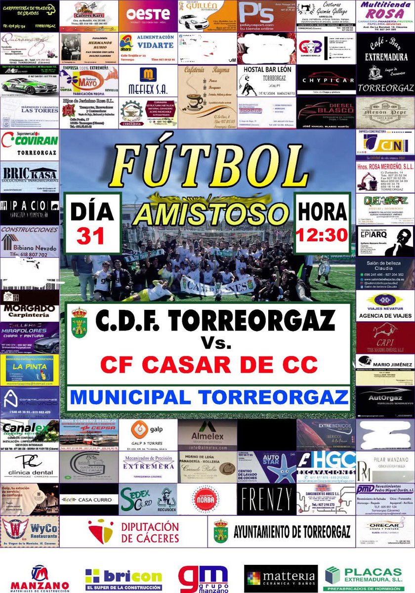 ⚠️AMISTOSO DE PRETEMPORADA⚠️

ESTE DOMINGO JUGAMOS EN CASA EN NUESTRO HORARIO HABITUAL DE LIGA, A LAS 12:30 CONTRA EL C.F. CASAR.

🎟️ ENTRADA 5€

💚ABONADOS GRATIS

💚🤍💚🤍💚
