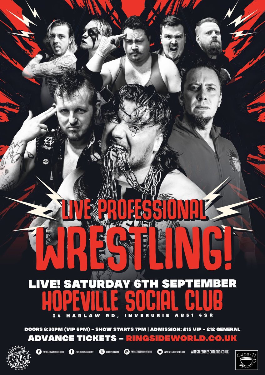 The stars of WrestleZone return to the Hopeville Social Club in Inverurie on Saturday, September 6th, for an evening of top professional action!

VIP tickets £15, 6pm entry 
GA tickets £12, 6:30pm entry 
Main show starts - 7pm.

Get tickets at ringsideworld.co.uk/events.php?id=…