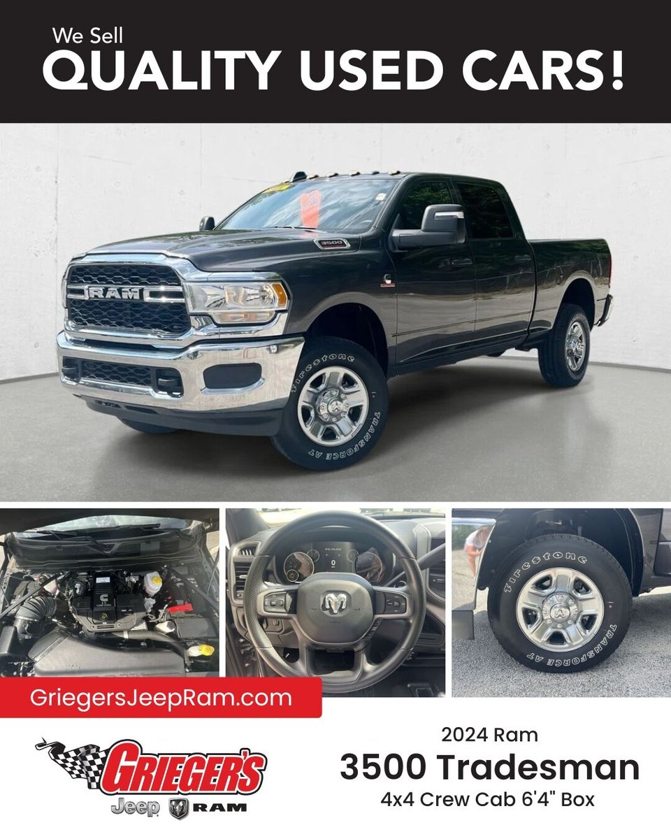 griegermotors's tweet image. 🚗💥 Get ready to tackle any job with the 2024 RAM 3500 Tradesman 4x4 Crew Cab!

📞 Call us: 219-312-2335
🌐 Visit: GriegersJeepRam.com

#RAM3500 #PowerPerformance #TruckLife #GriegerMotors