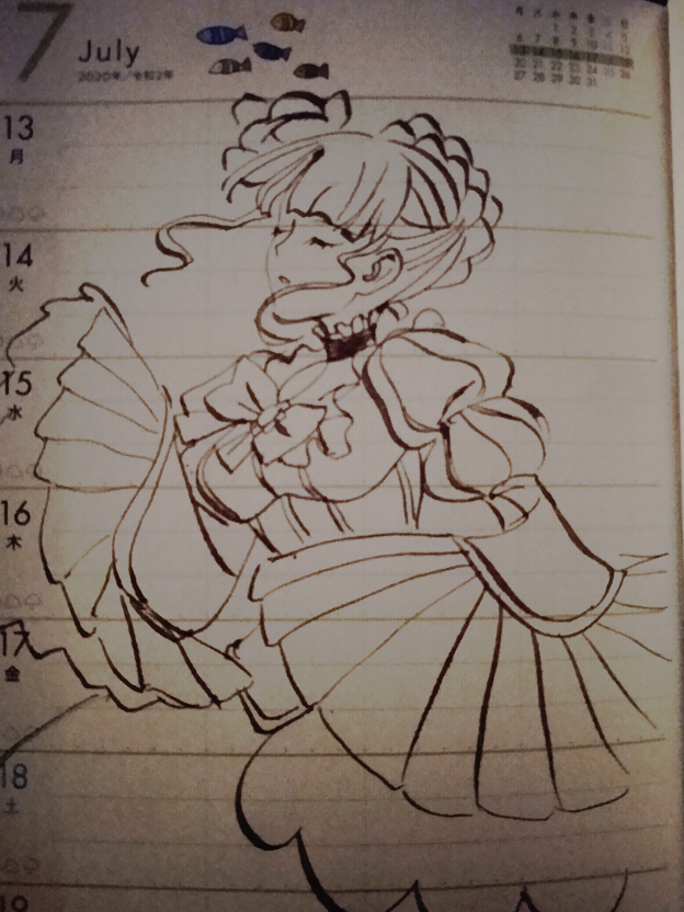 #うみねこFA 
ついに、初めて万年筆でベアトリーチェ様をお描きするという、この感覚…！