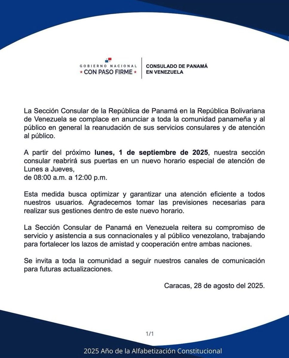 CaraotaDigital's tweet image. #28Ago | Panamá anunció reanudación de sus servicios consulares en Venezuela a partir del 1 de septiembre.