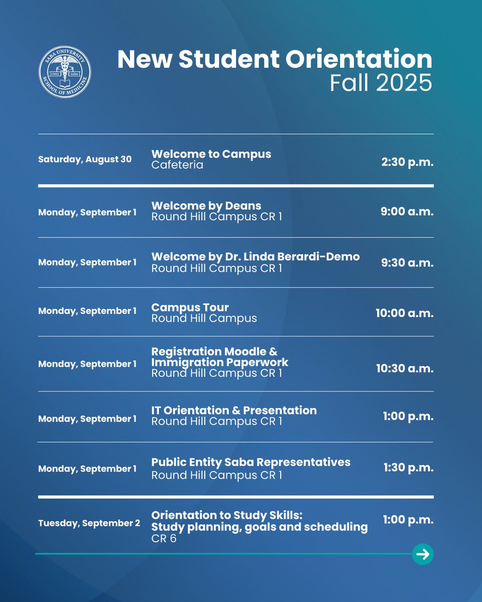 sabamedschool's tweet image. The countdown is on! 🎉

Orientation kicks off a new semester at #SUSOM, when you'll meet classmates, connect with faculty and start your medical journey on Saba. 🌴

#SabaMedSchool #FutureDoctor #WeAreSaba