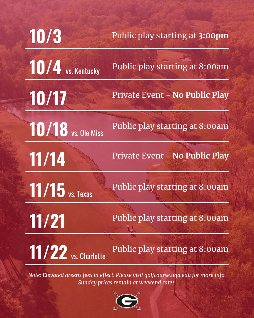 UGAGolfCourse's tweet image. What better way to spend a fall weekend than watching Georgia football and playing some golf? In honor of the college football season kicking off, here’s our schedule for home game weekends. call the golf shop at 706-369-5739 to book your tee time or with any questions!