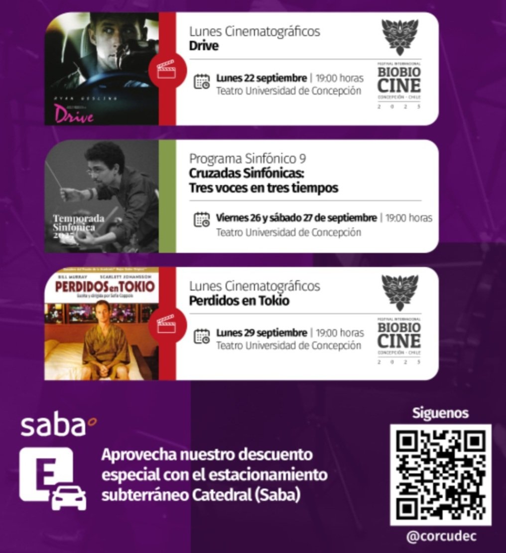 📢 ¡Imperdibles en Teatro UdeC!🪡

📌  Cartelera de septiembre 🎵🎭🎬
Entradas disponibles
🎫 ticketplus.cl/c/corcudec
🎫 Boletería Teatro UdeC