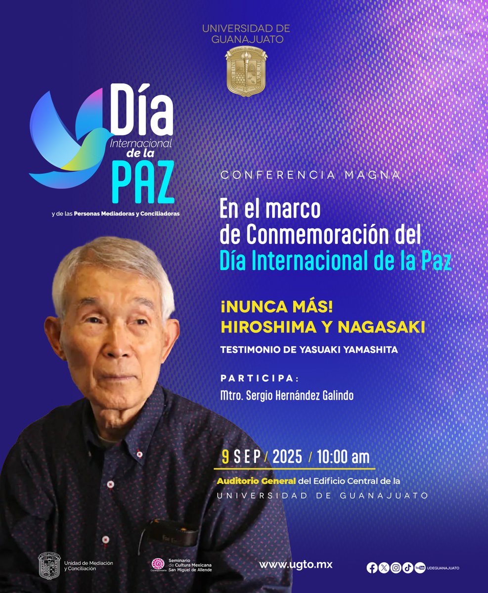 🕊️ En la Universidad de Guanajuato conmemoramos el Día Internacional de la Paz.

📅 9 de septiembre de 2025
⏰ 10:00 h
📍 Auditorio General del Edificio Central de la UG

#DíaInternacionalDeLaPaz #SomosAbejasUG #UGConLaPaz