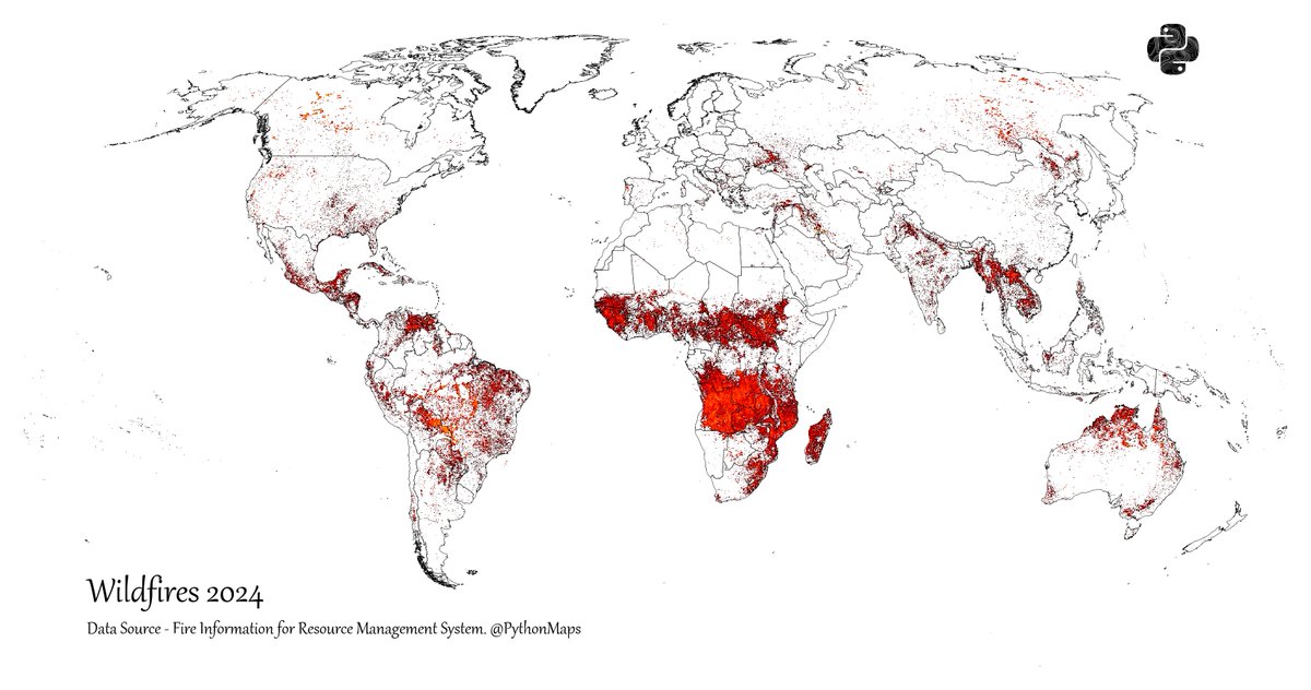 PythonMaps's tweet image. Wildfires. Data aggregated for all of 2024.