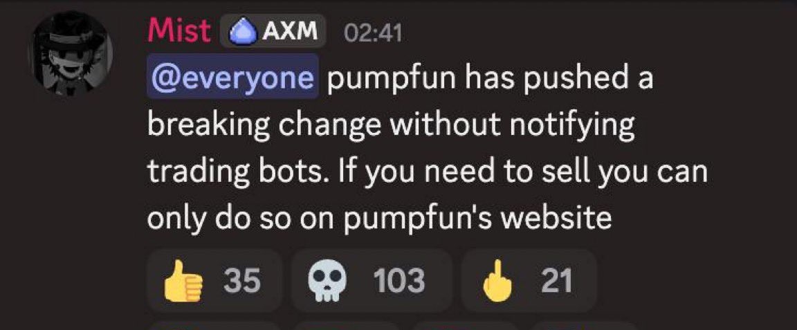 トレーディングボットに影響を与えたPump.funの変更に関する発表のスクリーンショット