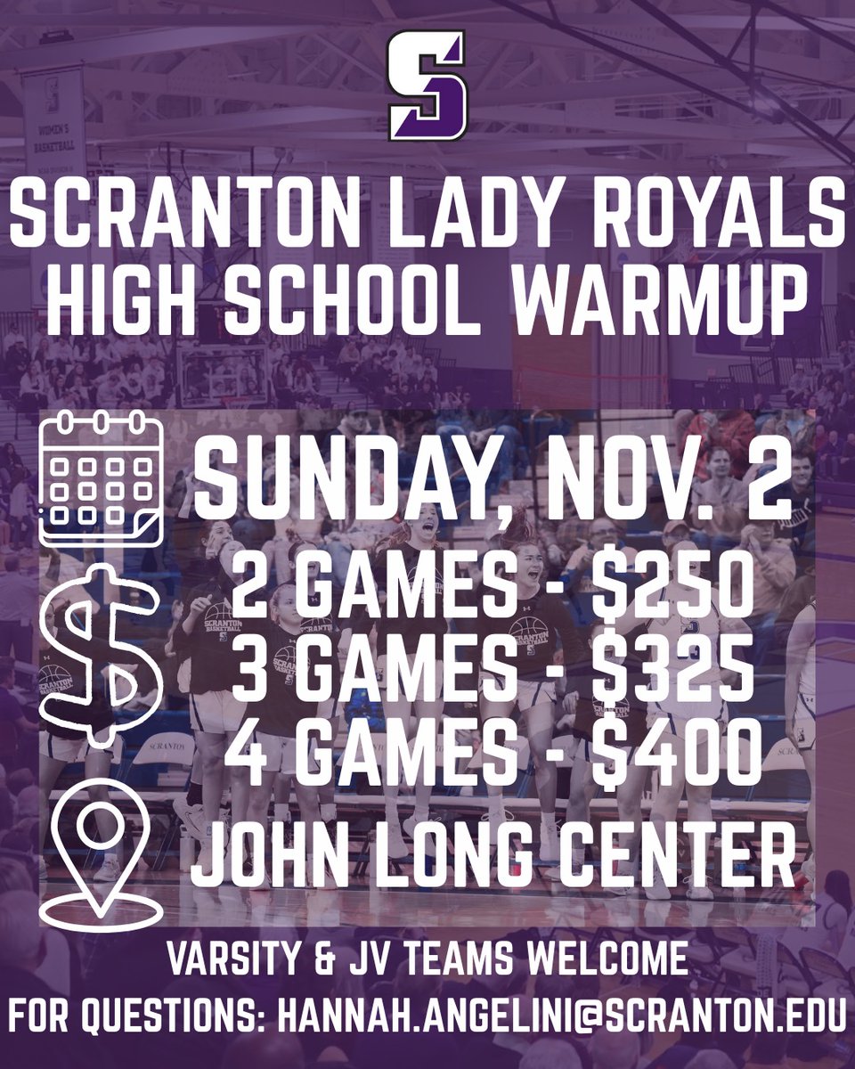 🏀Scranton Pre-Season Girls Basketball Warmup🏀

🔥 Featuring Top Varsity &amp; JV Teams from PA, NY &amp; NJ!

🚨 Only a Few Spots Remain!

📬 Contact: hannah.angelini@scranton.edu