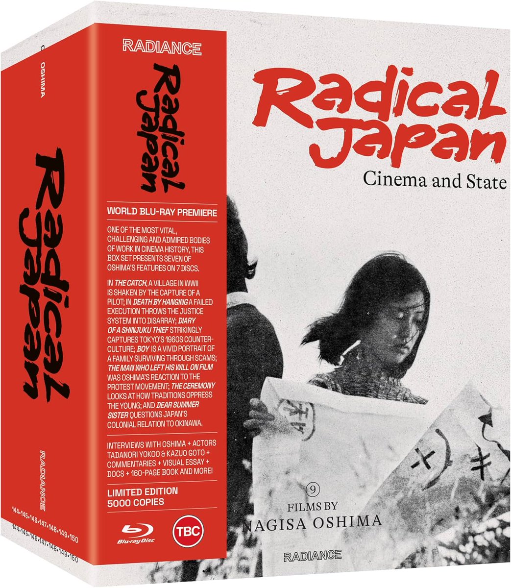 Radical Japan: Cinema and State features nine films by Nagisa Oshima in this Blu-ray box set from Radiance. Regions A/B/C. Limited to 5,000 copies. Release date Nov. 17. Amazon UK amzn.to/3JDBpk7