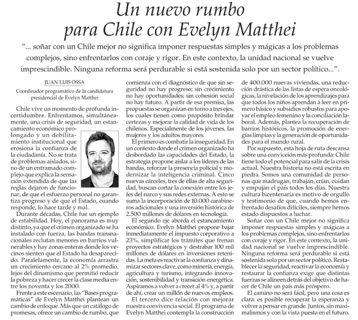 Los tres ejes principales que aborda la candidata #EvelynMatthei, medidas más urgentes para reactivar Chile, son claras y precisas.