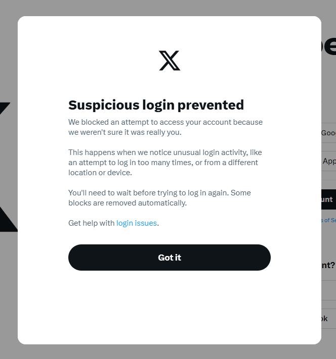 seshadhin's tweet photo. @X Why can't I log in from my PC browser? It always shows "Suspicious login preventing." Please help me fix this. https://t.co/BdZgMVNiSI