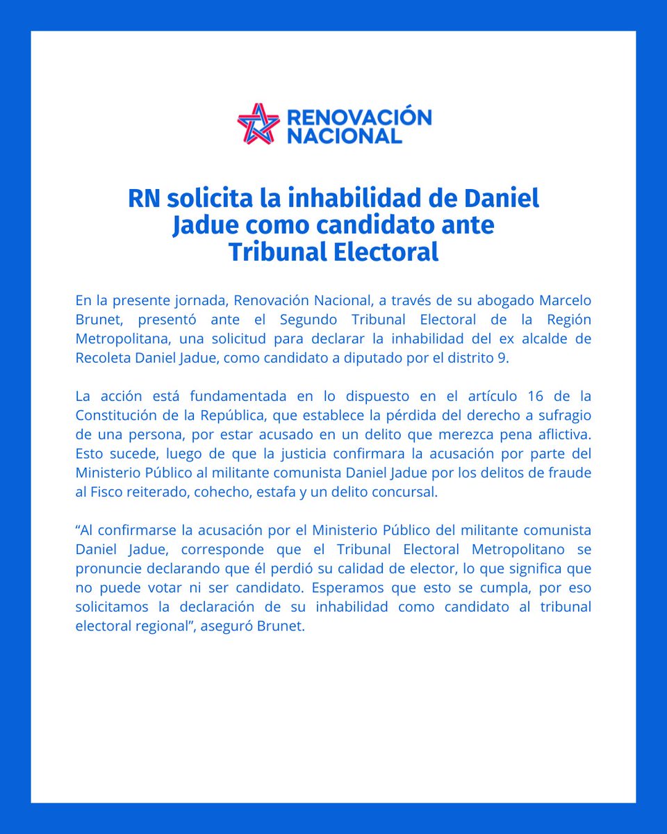 Ante lo ocurrido hoy en la justicia, presentamos ante el segundo tribunal electoral de la región Metropolitana una solicitud para declarar la inhabilidad de Daniel Jadue como candidato a las próximas parlamentarias.