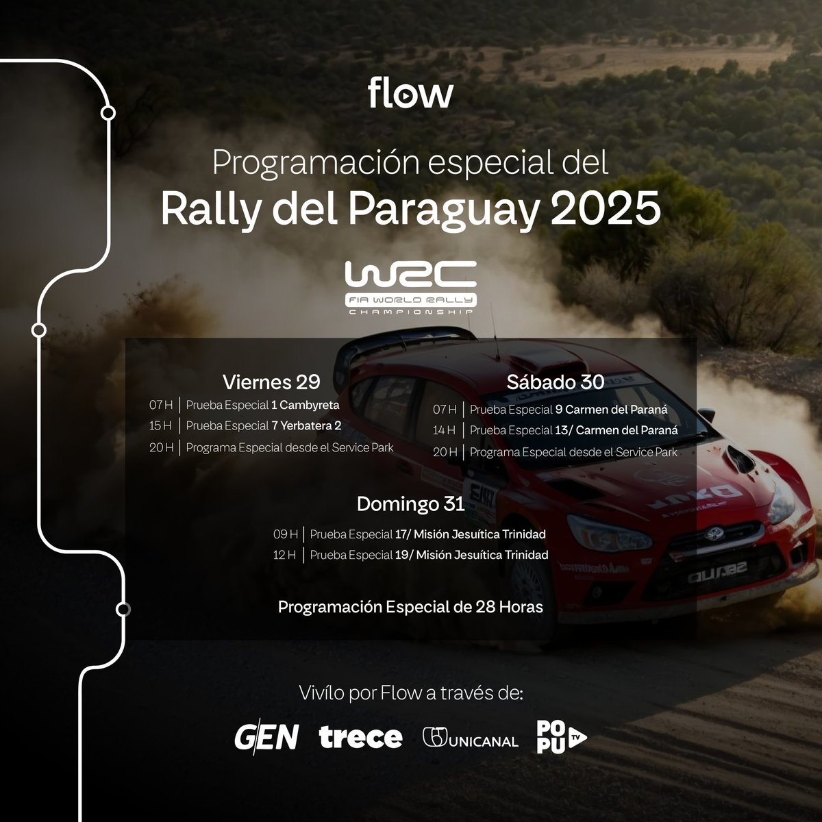 ¡Atención! 😱 Se vienen 3 días llenos de muuucha adrenalina 🤩 Contratá Flow y viví el Rally del Paraguay desde donde sea que estés 🏁💨