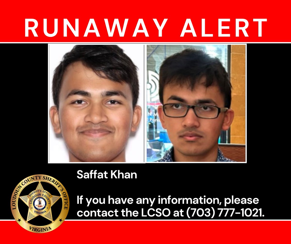 RUNAWAY: The Loudoun County Sheriff’s Office is asking for the public’s assistance in locating Saffat Khan. He was last seen on August 27,2025, around 1:30 PM, near Glenn Drive in Sterling. 

He was last seen wearing:
• Blue and white striped t-shirt
• Blue athletic pants
•