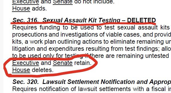 This is from a summary of the House GOP's budget proposal. The Gov and Senate Dems want to dedicate funding for sexual assault testing kits and House Rs don't. I guess supporting assault victims and holding perpetrators accountable just isn't important to them. Disgusting. #mileg