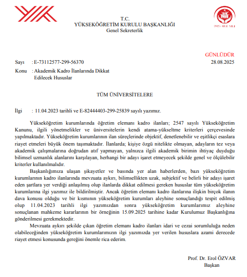 MehmetBaranK8's tweet photo. ÖZEL HABER

YÖK, üniversitelere 'adrese teslim kadro ilanları' hakkında yazı gönderdi

İlanların kişiye özel olamayacağını belirten YÖK, birçok ilana dava açıldığını belirtti

YÖK, üniversitelerin aleyhine sonuçlanan dava kararlarının bir örneğini üniversitelerden talep etti https://t.co/RRrNxYgiXo
